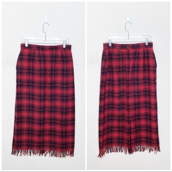 Vintage Woolrich Skirt Checkered Red Black Fringe - Picture 1 of 6